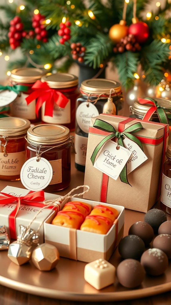 A festive display of homemade Christmas gifts including cookies, jams, and chocolates, decorated with ribbons and holiday decor.